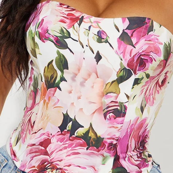 Fashion Nova Floral Strapless Crop Top - Pink and Green - Picture 1 of 2
